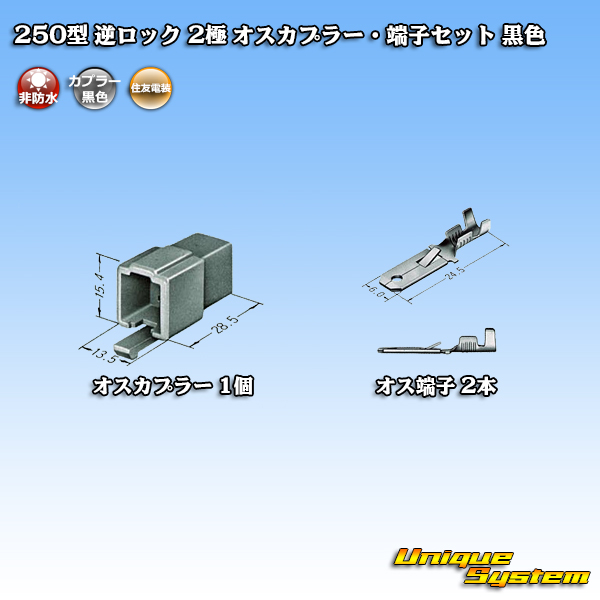 画像1: 住友電装 250型 逆ロック 非防水 2極 オスカプラー・端子セット 黒色 (1)