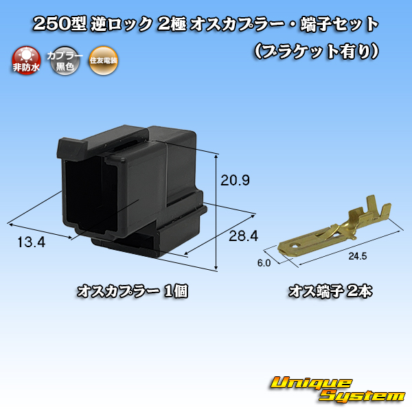 画像1: 住友電装 250型 逆ロック 非防水 2極 オスカプラー・端子セット 黒色 (ブラケット有り) (1)