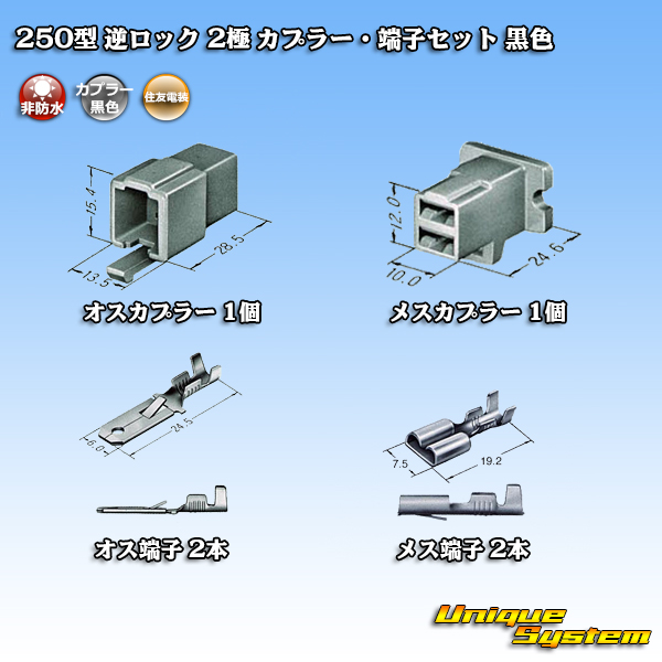 画像1: 住友電装 250型 逆ロック 非防水 2極 カプラー・端子セット 黒色 (1)